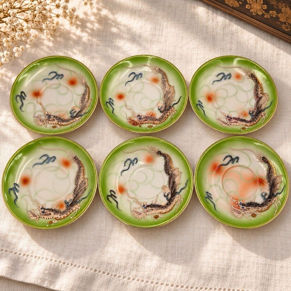Antique Japanese Moriage Dragonware Saucers Set of 6 Green Dragon 5.25”